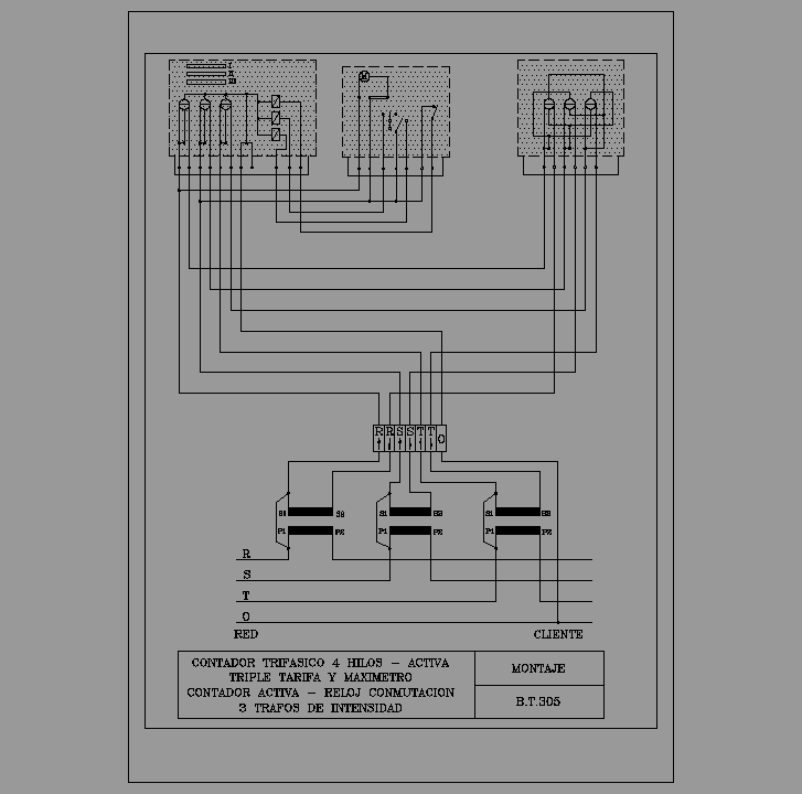 Bloque Autocad Contador trifásico 4 hilos activa, triple tarifa y maxímetro, contador activa-reloj conmutador, tres trafos de intensidad, ERZ BT 305.